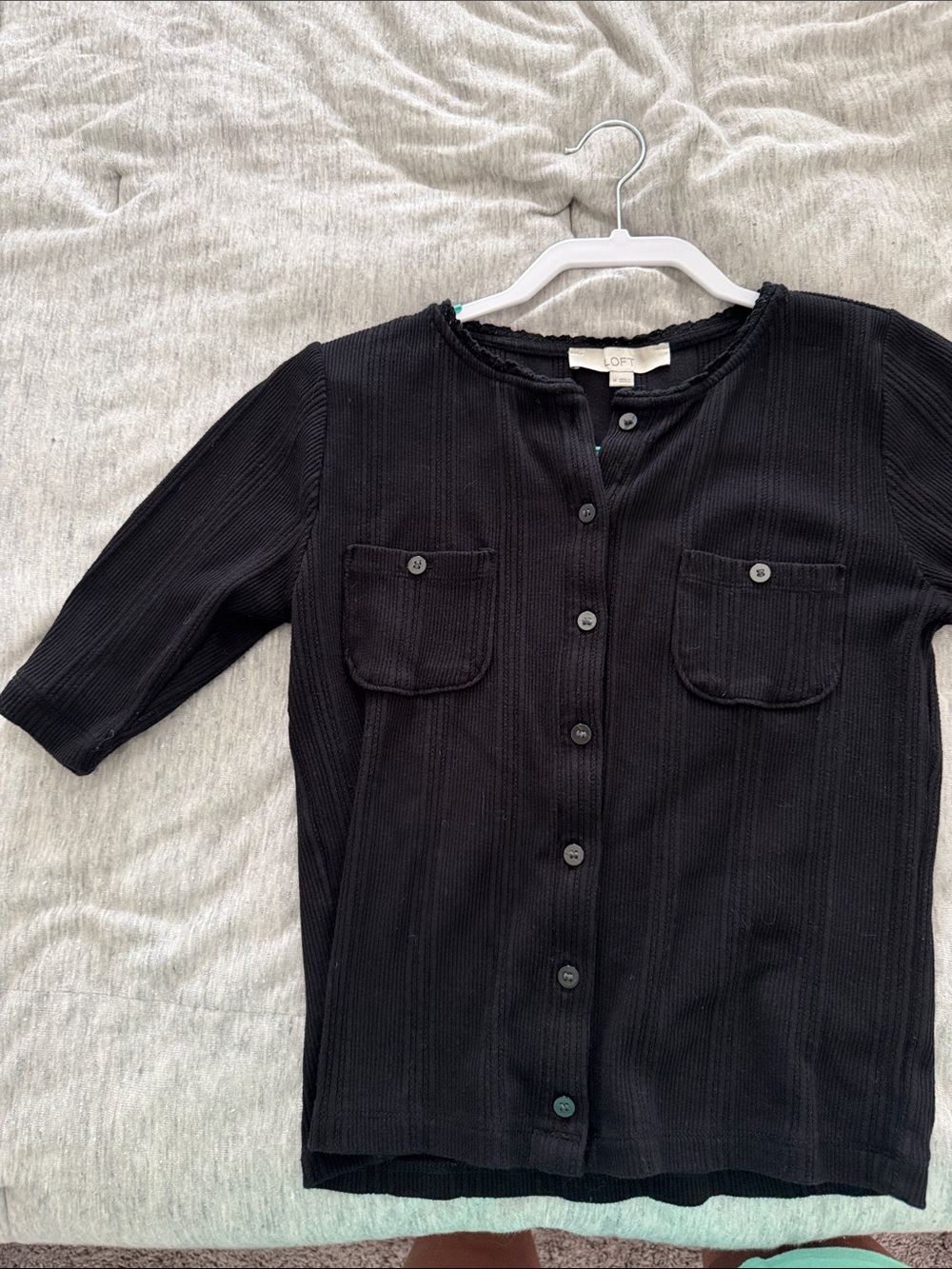 LOFT Black Ribbed Button-Down Top - Picture 3 of 4